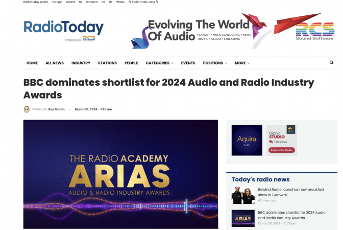 Folded Wing ARIA nomination reported in Radio Today