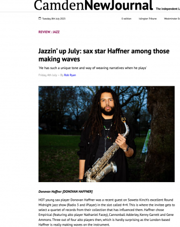 Camden New Journal discussing 'Round Midnight 4/4 guest Donovan Haffner