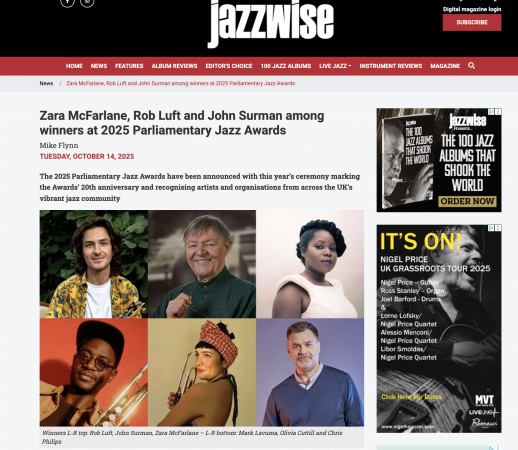Jazzwise review of Parliamentary Jazz Award win for 'Round Midnight